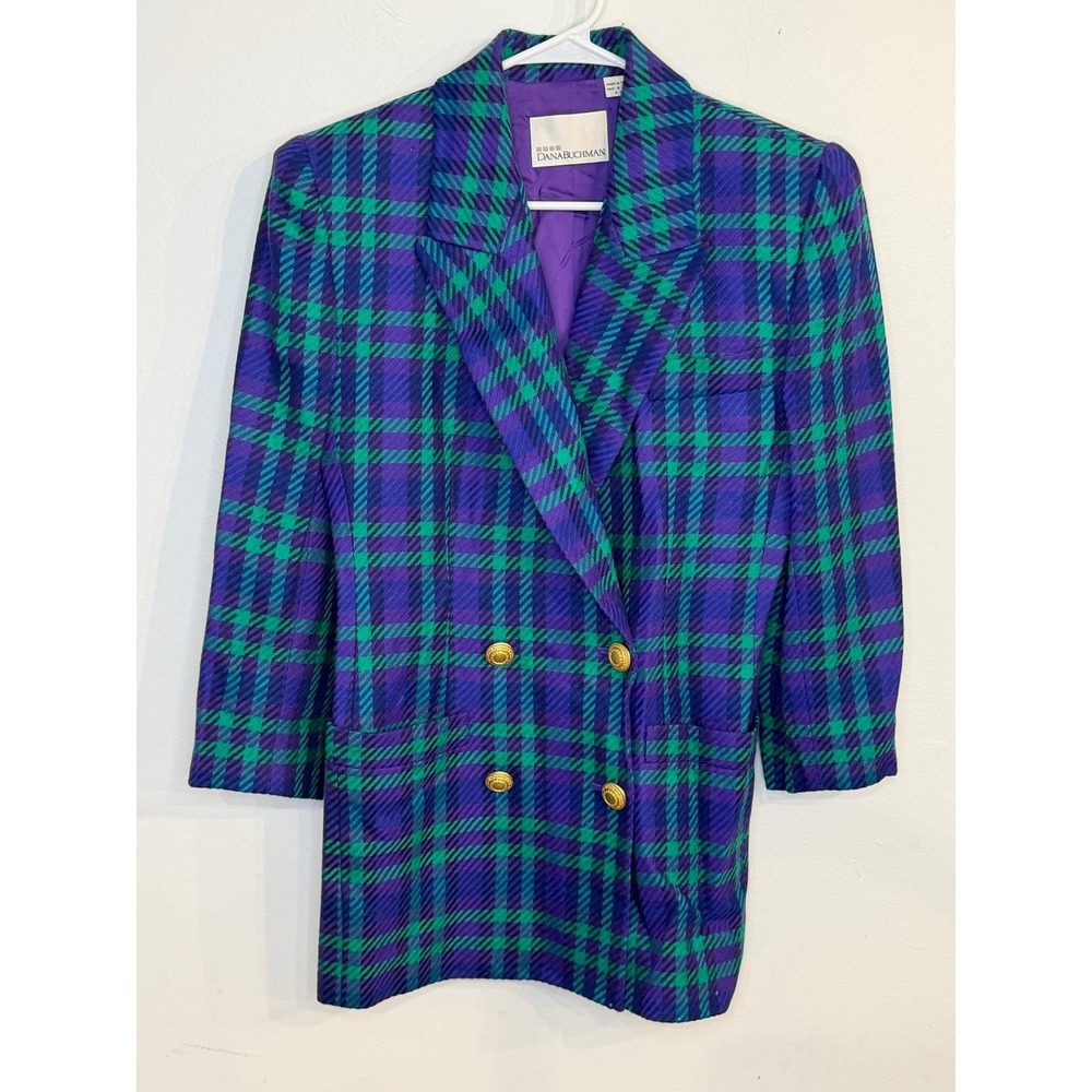 Vtg 80s 90s‎ Dana Buchman 100% Wool Plaid Blazer Double Breasted Purple Teal 4